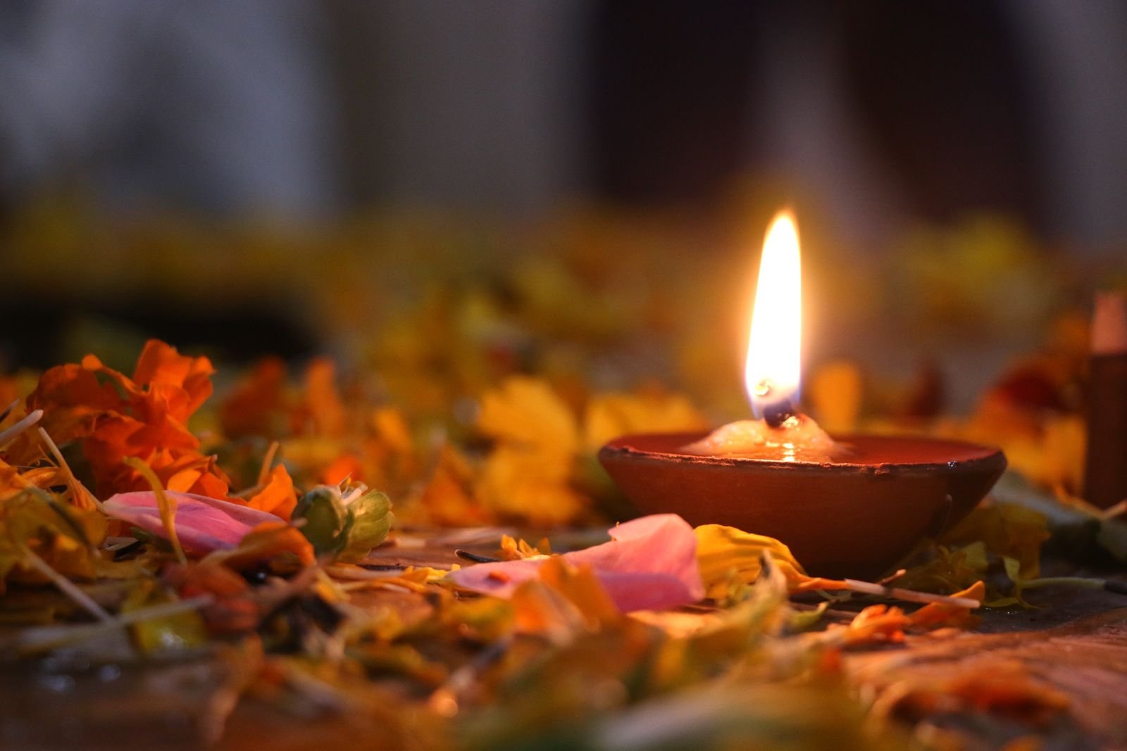 Lit diya with flower petals
